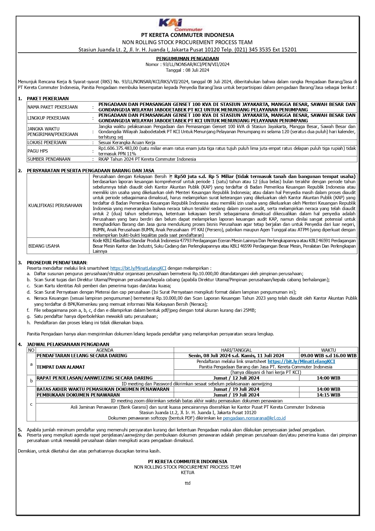 2 pengumuman 93 pengadaan dan pemasangan genset 100 kva